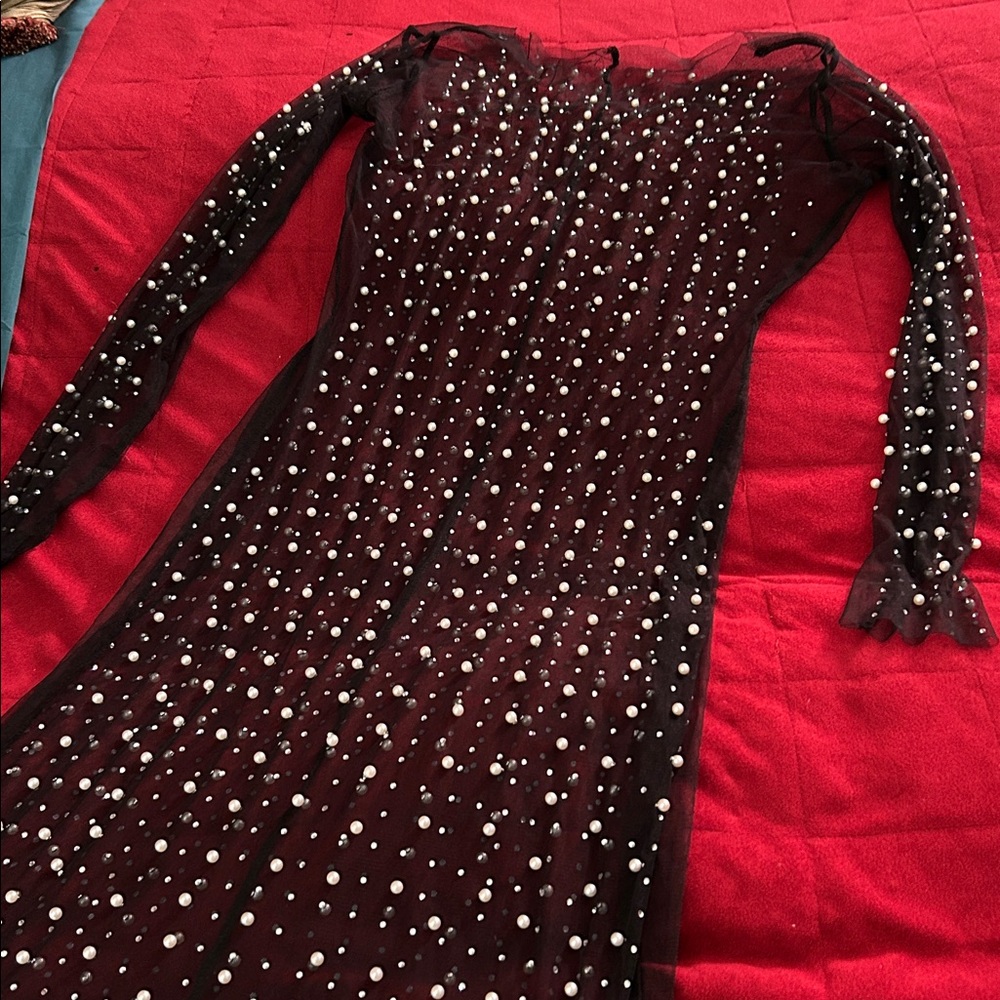 Elegant Black Sheer Dress with Pearl Embellishments
